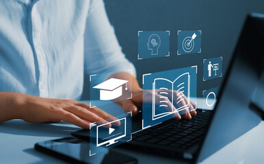 Wall Mural - e-learning education, internet lessons and online webinar. education internet technology. person who