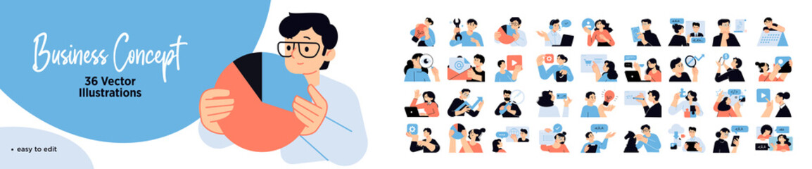 Wall Mural - Set of business people illustrations. Flat design vector concepts of business management, online communication, e-commerce, project management, finance and marketing.