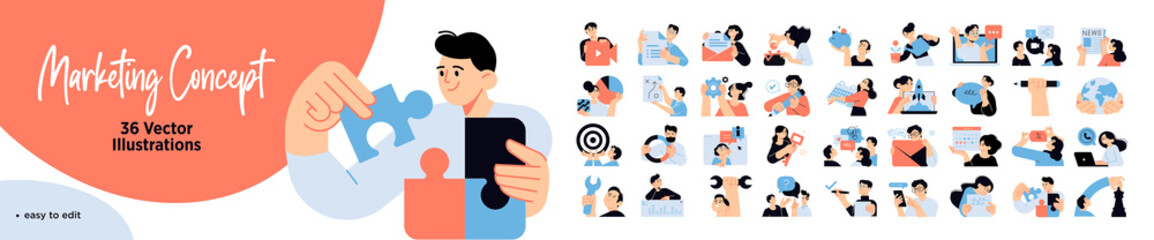 Wall Mural - Set of marketing people illustrations. Flat design vector concepts of business marketing, strategy, planning, digital advertising, social media and communication.