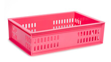 Pink Plastic Storage Baskets, Reusable Crates, Lightweight Boxes. Isolated On A White Background.