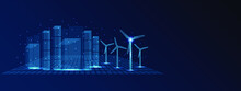 Wind Power Plant Vector Illustration In Wireframe Style. Windfarm  With Wind Mills Energy Concept.