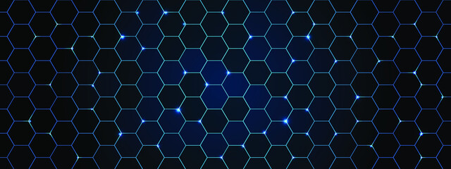 Wall Mural - hexagonal technology background vector illustration. hi tech banner with hex and lights.