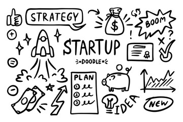 Startup doodle vector set. Sketch outline business strategy icons. Drawing element silhouette