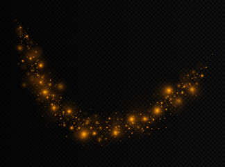 Wall Mural - sparkle dust light with bright particles. golden wave flow glittering on transparent background. mag