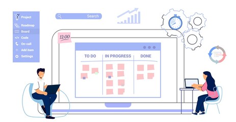 Wall Mural - scrum task board agile organizer with people sticking papers on it analyzing process of software dev
