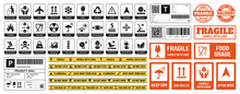 Packaging Stickers. Parcel Direction Info, Fragile Warning Sticker And Print For Adhesive Tape With Packaging Symbols Vector Set