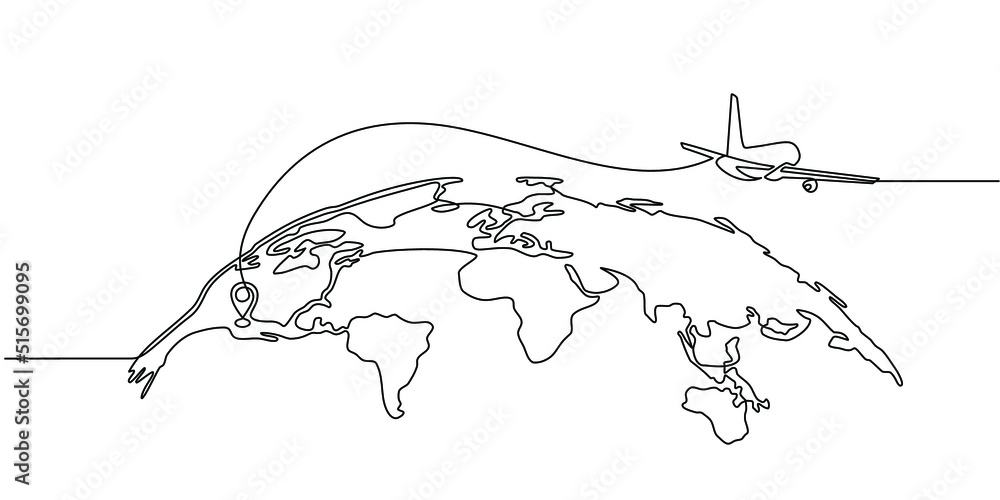 Continuous line drawing of airplane flight route and airport ...