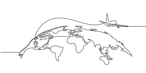 Poster - Continuous line drawing of airplane flight route and airport destination location. airplane path icon of airplane flight route with starting point location and world map in doodle style