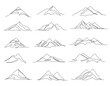 One line mountains. Linear mountain ranges and continuous outline peaks, travel landscape vector illustration set