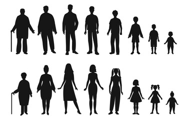 Human life cycle. Full silhouette of man and woman, young, adult and elderly vector illustration set