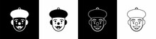 Set French Mime Icon Isolated On Black And White Background. Vector