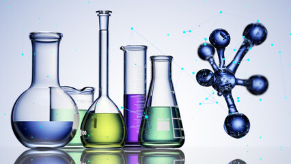 Canvas Print - Glass chemistry lab equipment on blue background. Chemistry Lab concept. 3d 