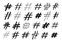 Hand Drawn Hashtag Signs. Grunge Brush Hash Symbols, Hand Painted Tag And Pound Sign Vector Set