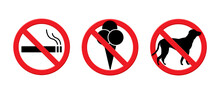No Smoking, No Eating, No Dogs Prohibited Signs Isolated On White Background, Red Forbidden Circle Vector Stickers For Public Area