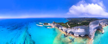 Ionian Islands Of Greece. Beautiful Corfu. Panoramic Aerial View Of Stunning Cape Drastis - Natural Beauty Landscape With White Rocks And Turquoise Waters, Northern Part Of  Island.