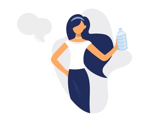 Young beautiful woman with a bottle of water. The girl is holding a bottle of water to drink. Flat vector illustration. Modern faceless character in flat style with speech bubble.