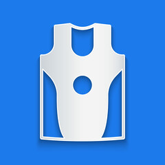 Paper cut Boxing jersey and t-shirt icon isolated on blue background. Paper art style. Vector