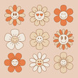 Cute and smiling flower collection in retro 70s style. Vintage floral patches. Vector illustration.