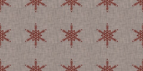 Seamless christmas snowflake woven linen border. Two tone seasonal red farmhouse frost edge for washi tape. Holiday textile for french Xmas snow repeat. 