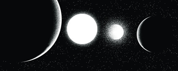 binary stars and planet in space. futuristic landscape, with noise texture . night landscape with st