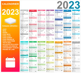 Wall Mural - Calendrier 2023 14 mois avec vacances 2023 entièrement modifiable via calques