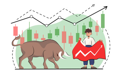 Drawing attention to a bull market is always relevant, during the growth. the bull preparing to break through the channel in the crypto-volume, mark the growth of the entir market. vector stock flat