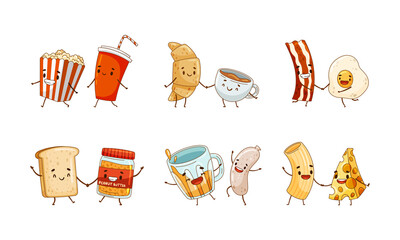 Poster - Forever friends set. Croissant and coffe, bacon and eggs, sandwich and peanut butter vector illustration