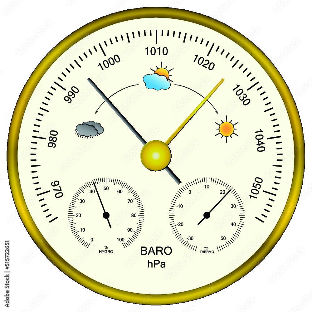 Circular analog Barometer indicator vector. 3-in-1 Aneroid Barometer ...