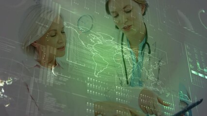 Wall Mural - Animation of medical data processing over caucasian woman patient