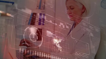 Wall Mural - Animation of data processing on digital screen over caucasian female doctor using computer