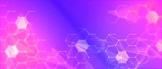 Poster - Hexagon shapes pattern and connection lines on purple background