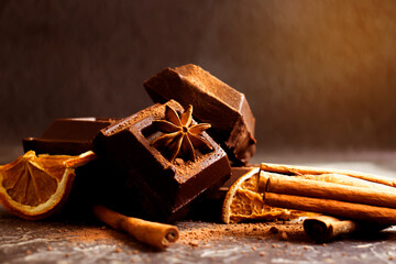 Wall Mural - Black chocolate pieces, cinnamon sticks on a dark background