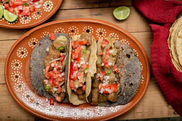 Chicharrones in a green sauce tacos served with pico de gallo salad. Typical Mexican food.