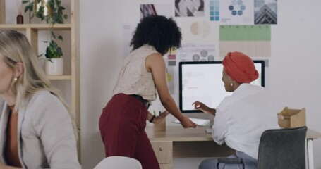 Poster - Diverse design team working together on a project in the office. Group of employees at work talking, collaborating, and brainstorming. Marketing agency with busy business people using technology