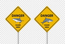 Vector Yellow Shark Sighting Sign Set Isolated. Shark Attack Warning. Danger For Surfing And Swimming. Shark Zone, Area, Caution