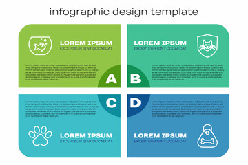 Set line Paw print, Aquarium with fish, Dog collar bone and Animal health insurance. Business infographic template. Vector