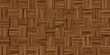 Seamless classic parquet wood floor background texture. Tileable stained dark brown redwood, oak or pine hardwood woven checker repeat pattern. Wooden laminate or linoleum tiles. 3D rendering..
