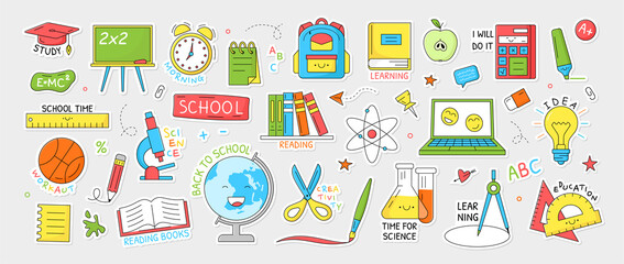 Naklejka na meble Set of School stickers. Colorful badges with books, globe, backpack, rulers, pencil and other school supplies. Design elements for printing. Cartoon flat vector collection isolated on gray background