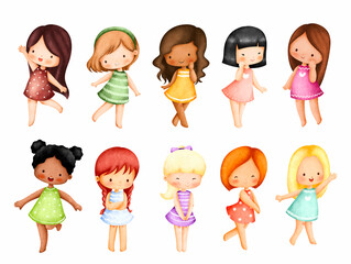 Watercolor illustration set of Cute little girls 