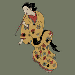 Wall Mural - Vintage Japanese lady in kimono smoking opium. Art of Okumura Masanobu. On green background.