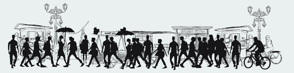 Vector illustration of street food vendors and pedestrians in Indonesia