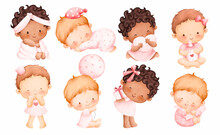 Watercolor Illustration Set Of Cute Baby Girl 