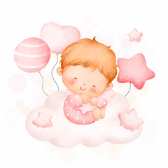 Wall Mural - Watercolor illustration cute baby girl sitting on the cloud 