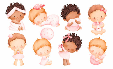 Watercolor illustration set of cute baby girl 