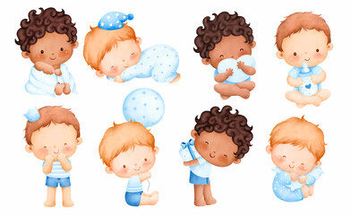 watercolor illustration set of cute baby boy
