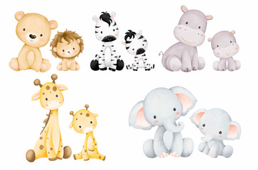 Watercolor Illustration set of mom and baby safari animals 