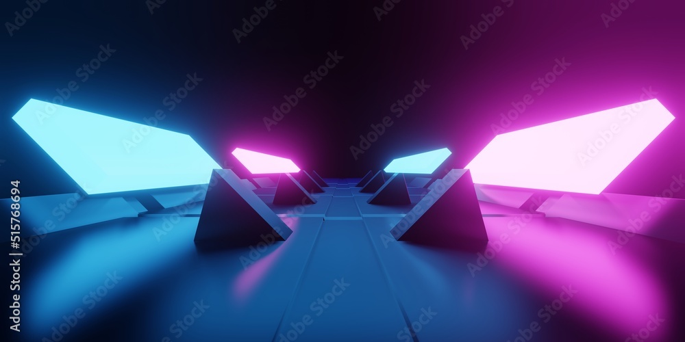 3d rendering of spaceship corridor neon glowing blue purple background ...