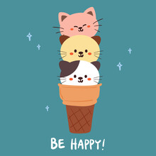 Cartoon Cat Ice Cream In Blue Background. Cute Wallpaper For Kids, Card