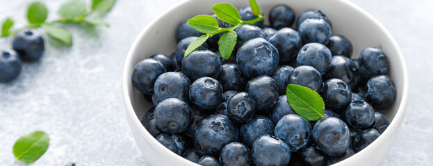 Poster - Blueberry with leaves in a bowl. Banner