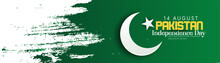 Celebrating Pakistan Independence Day 3D Text 14 August, Waving  Flag On Green Background